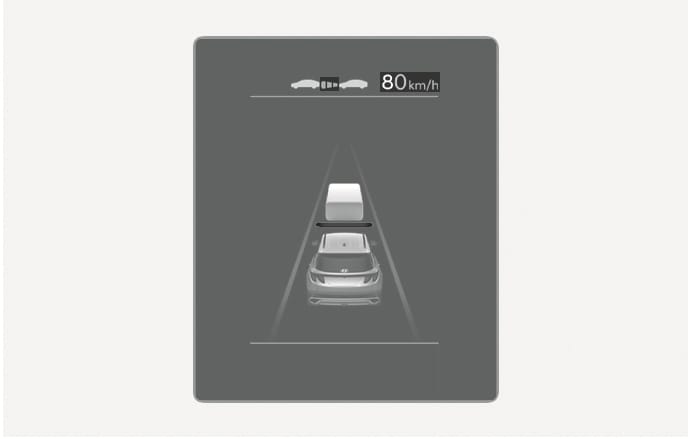 2025 Hyundai Tucson Smart Cruise Control display image. The instrument cluster shows '80 km/h' and a graphic of the vehicle following a white block representing a car ahead. This explains the function of maintaining speed and distance from the vehicle in front.