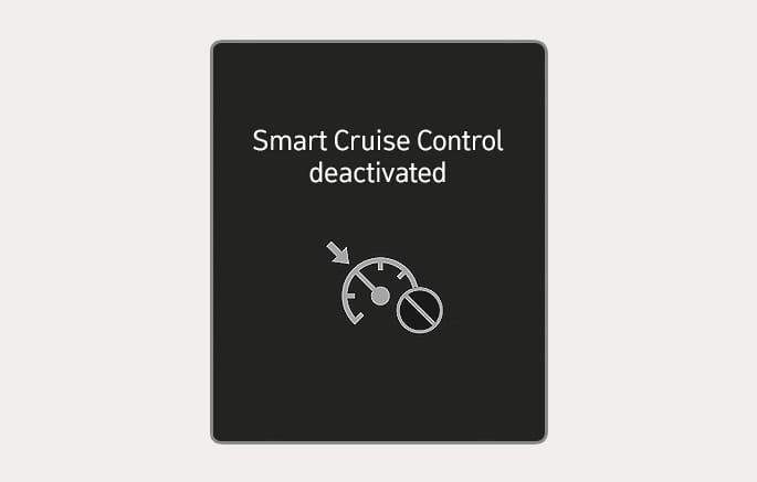 2025 Hyundai Tucson Smart Cruise Control deactivated message image. The instrument cluster screen displays the text 'Smart Cruise Control deactivated' above a speedometer icon with a prohibition symbol. This explains the notification shown when the Smart Cruise Control function is canceled.