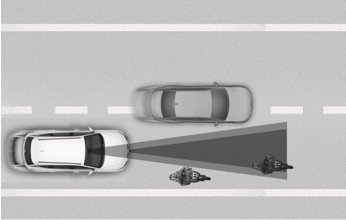 2025 Hyundai Tucson Smart Cruise Control detection image. A top-down view shows the white vehicle projecting a dark triangular sensor beam forward, detecting two motorcycles ahead in the same lane, while a grey vehicle travels in the adjacent lane. This illustrates the function of detecting preceding vehicles within the sensor's field of view.