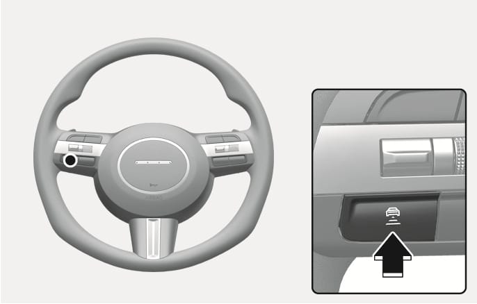 2025 Hyundai Tucson Smart Cruise Control vehicle distance button image. The image highlights the button on the steering wheel's left spoke. A close-up depicts the button with a car and bars icon, indicated by a black arrow pointing up. Explains the function of setting the vehicle distance.