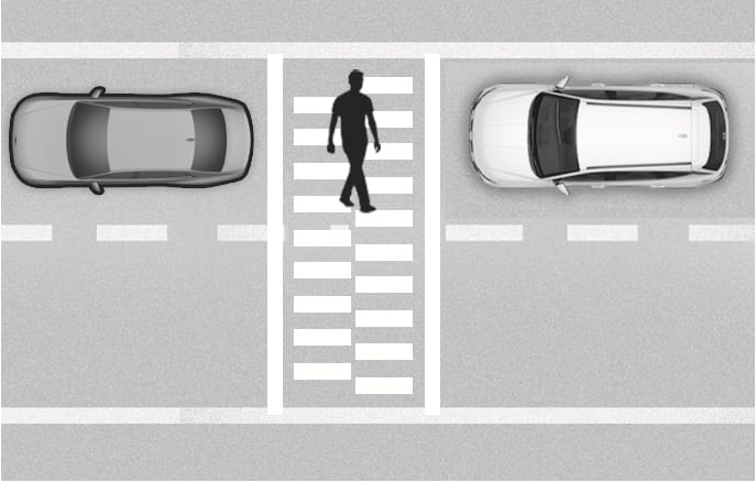 2025 Hyundai Tucson Smart Cruise Control limitation image. A top-down view shows a pedestrian silhouette on a crosswalk between a grey sedan and a white SUV. This describes the system's limitation in detecting pedestrians crossing the road.