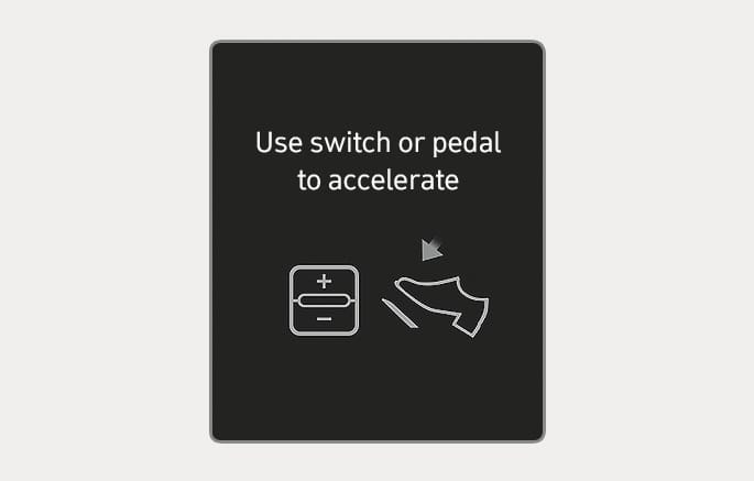 2025 Hyundai Tucson Smart Cruise Control restart message image. The display shows the text 'Use switch or pedal to accelerate' with a switch icon and a foot pressing a pedal icon indicated by a downward arrow. This describes the function to resume acceleration using the switch or pedal after the vehicle has stopped.