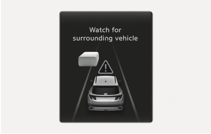 2025 Hyundai Tucson Smart Cruise Control warning image. The instrument cluster displays 'Watch for surrounding vehicle' with a warning triangle icon. A graphic shows a detected vehicle on the left. This explains the alert to check road conditions.