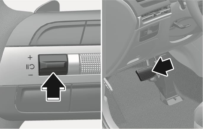 2025 Hyundai Tucson Cruise Control temporary pausing image. The left side shows a black arrow pointing to the cancel switch on the steering wheel, and the right side shows a black arrow pointing to the brake pedal. Explains the methods to temporarily pause the Cruise Control function by pressing the switch or depressing the brake pedal.