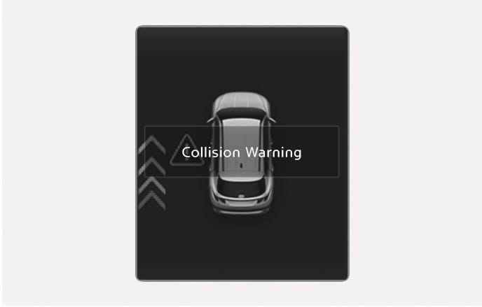 2025 Hyundai Tucson Safe Exit Warning display image. The instrument cluster screen shows a top-down view of the vehicle with a 'Collision Warning' message. A triangle icon and arrow graphics on the left indicate an approaching vehicle. Explains the warning function displayed when a collision risk is detected while exiting.