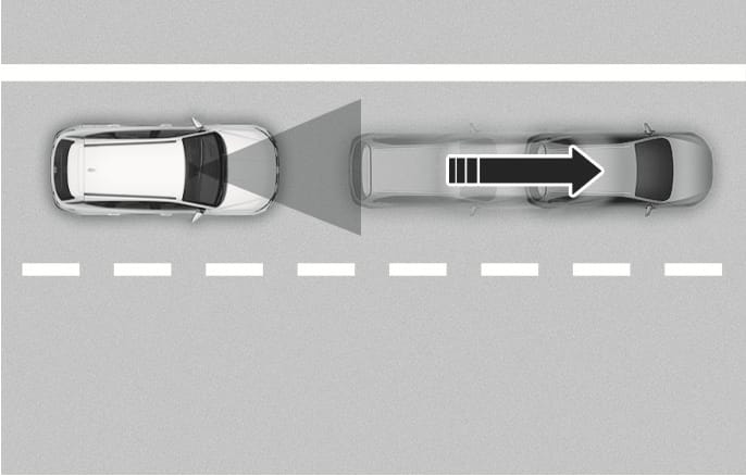2025 Hyundai Tucson Smart ISG system operation image. A top-down view shows a white vehicle detecting a leading grey vehicle via a grey triangular field of view. A black arrow indicates the leading vehicle moving forward. Explains the function where the engine automatically restarts when the leading vehicle departs.