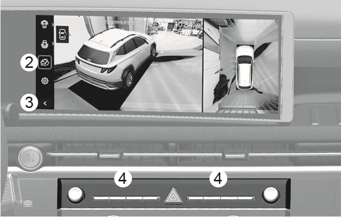 2025 Hyundai Tucson Surround View Monitor image. The infotainment screen displays a 3D view and a top view of the vehicle. It indicates the change view button (2) and previous button (3) on the screen, and the infotainment system buttons (4) on the control panel. Explains the display layout and button functions.