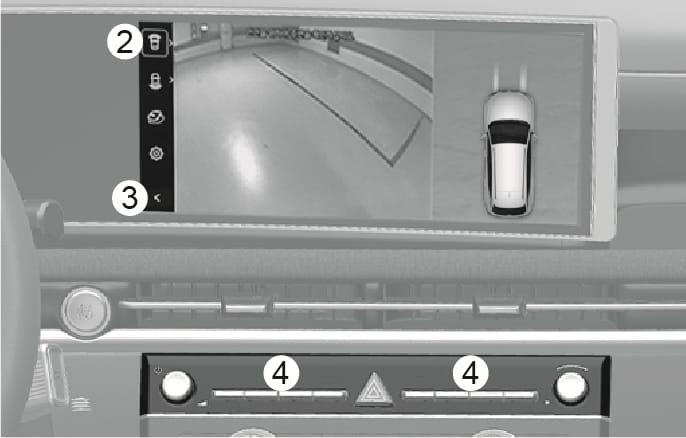 2025 Hyundai Tucson Surround View Monitor front view image. The screen displays the front view and top view. The change view button (2) is on the left menu, and the previous button (3) is at the bottom. The infotainment system buttons (4) are on the panel below. Explains the front view interface and controls.