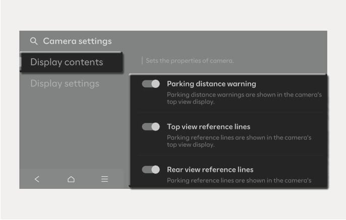 2025 Hyundai Tucson Camera settings screen image. The 'Display contents' menu shows toggle switches for 'Parking distance warning', 'Top view reference lines', and 'Rear view reference lines'. Explains the function to configure Surround View Monitor display options.