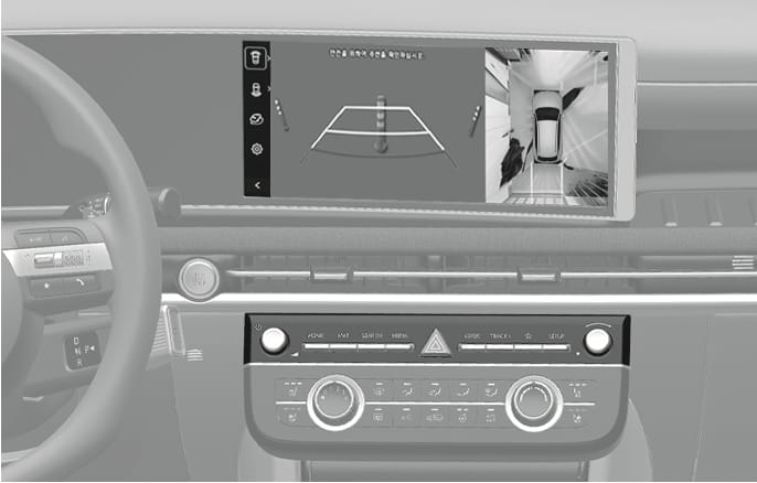 2025 Hyundai Tucson Surround View Monitor rear view screen image. The infotainment display shows a split screen with the rear view and parking guidelines on the left, and a top-down view on the right. It explains the function of displaying the rear view to assist in parking.