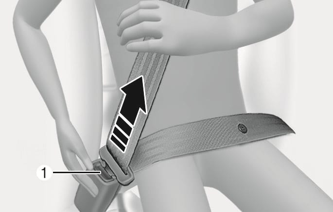 2025 Hyundai Tucson seat belt release image. A hand presses the release button (1) on the buckle, and a large black arrow pointing upward along the strap indicates the retraction direction. This describes the function of releasing the seat belt to let it retract.