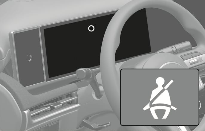 2025 Hyundai Tucson Seat belt warning light overview image. The dashboard displays a circle highlighting the warning light on the instrument cluster. An inset shows the symbol of a seated figure with a seat belt. This explains the location of the alert for unfastened seat belts.