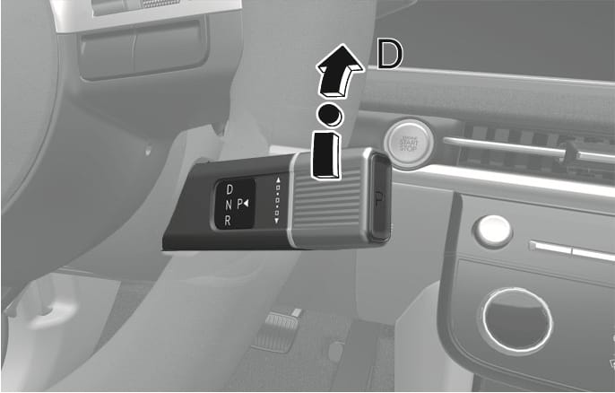 2025 Hyundai Tucson rotary gear shift dial D (Drive) position image. A curved black arrow with the letter D points upwards, indicating the rotation of the shift lever end. The lever on the steering column displays D, N, R, and P indicators. Explains the function of shifting the gear to D (Drive).