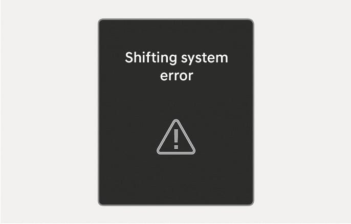 2025 Hyundai Tucson Shifting system error image. The screen displays 'Shifting system error' and a triangle warning icon with an exclamation mark. This alerts the driver when the transmission or shift dial malfunctions in the P (Park) position.
