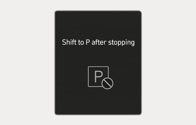 2025 Hyundai Tucson cluster display message image. The screen displays the text 'Shift to P after stopping' above a square icon containing the letter 'P' with a prohibition symbol. This describes the warning message that appears when attempting to shift to Park while the vehicle is moving.