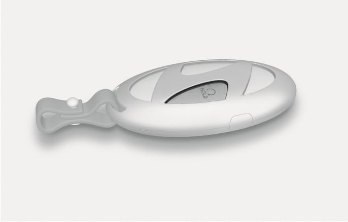 2025 Hyundai Tucson Smart Key image. It displays the white, oval-shaped key fob with a grey strap. The remote start button, marked with a circular arrow icon and the text 'HOLD', is visible. Explains the function of remotely starting the vehicle engine.