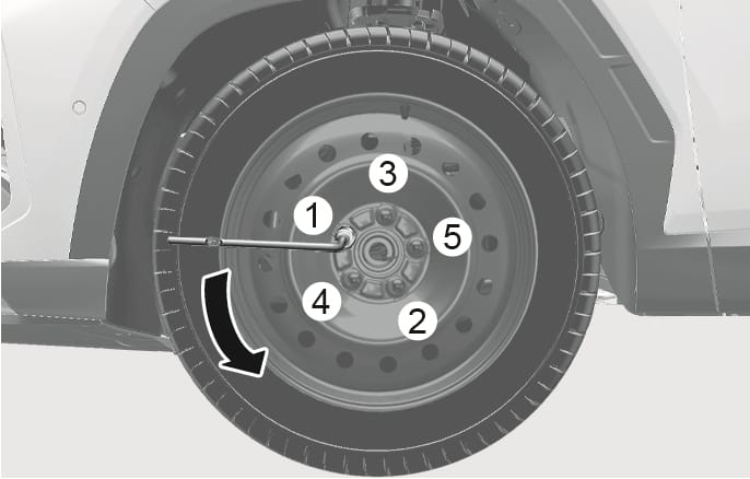 2025 Hyundai Tucson Type A wheel lug nut loosening image. The wheel displays five lug nuts numbered (1) through (5) in a star pattern to show the loosening order. A lug wrench is attached to the nut (1), and a large black curved arrow indicates turning counter-clockwise. Explains the sequence and direction for loosening the wheel lug nuts.