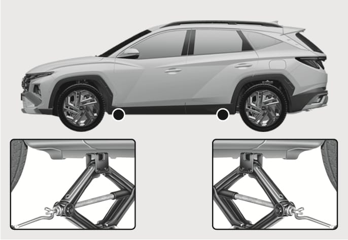 2025 Hyundai Tucson jacking positions image. The side view marks lifting points on the lower frame with black circles. Close-up views show the jack head properly positioned under the frame notches. Explains the designated locations for placing the jack to lift the vehicle.