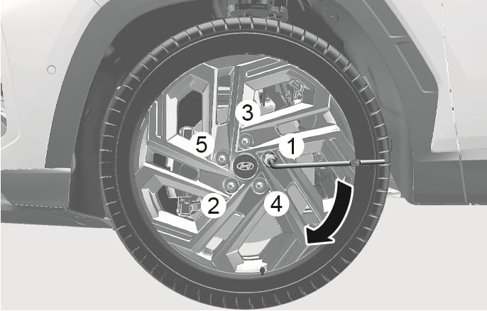 2025 Hyundai Tucson wheel lug nut tightening sequence image. Numbers (1) through (5) on the wheel indicate the diagonal order for tightening the lug nuts. A lug wrench is placed on the nut labeled (1), and a black curved arrow points clockwise. This explains the function of tightening the lug nuts in the specified order to properly secure the wheel.