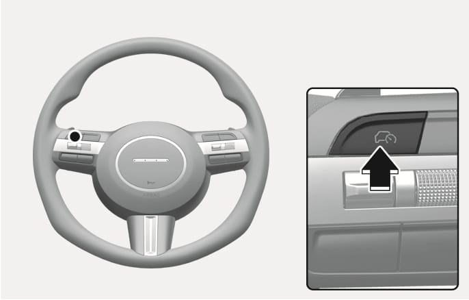 2025 Hyundai Tucson Driving Assist button image. The image displays the steering wheel with the button highlighted and a close-up of the button featuring a car and speedometer icon, indicated by an arrow. This explains the function of pressing the button to operate the Cruise Control system.