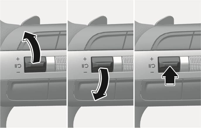 2025 Hyundai Tucson Cruise Control resuming operation image. Three panels display the steering wheel toggle switch with black arrows indicating pushing up (+), pushing down (-), and pressing the button inward. Explains how to operate the switch to resume or set the cruise control speed.