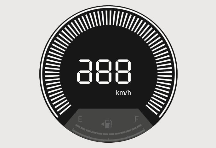 2025 Hyundai Tucson Speedometer Type A image. The digital display shows '288' km/h surrounded by a circular segmented gauge. A fuel gauge with 'E' and 'F' markings is at the bottom. Explains the function of indicating the current vehicle speed.