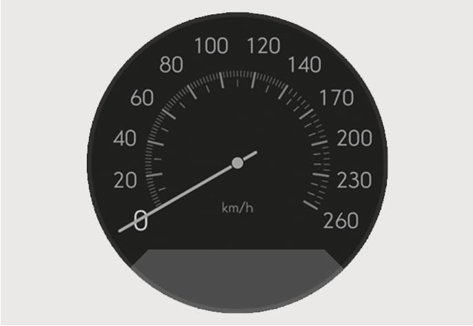 2025 Hyundai Tucson Speedometer Type B image. A digital circular gauge with a dark background displays the speed in km/h. The scale ranges from 0 to 260, and the needle points to 0. It describes the function of indicating the vehicle's current speed.
