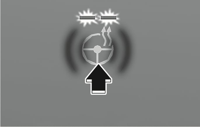 2025 Hyundai Tucson Heated steering wheel button Type B image. A black arrow points upward to the button icon depicting a steering wheel with wavy heat lines and two illuminated indicator lights above it. Explains the function of pressing the button to activate the steering wheel heater.