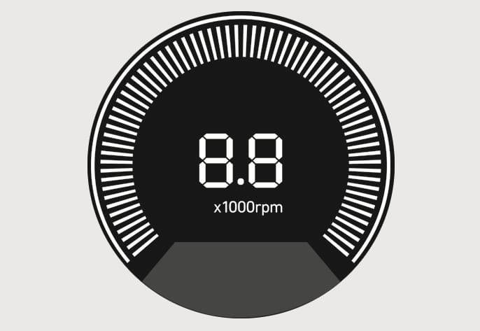 2025 Hyundai Tucson Tachometer Type A image. The digital circular gauge features white radial tick marks on a black background. The center displays the number '8.8' with 'x1000rpm' text below it. It explains the function of indicating the approximate number of engine revolutions per minute.
