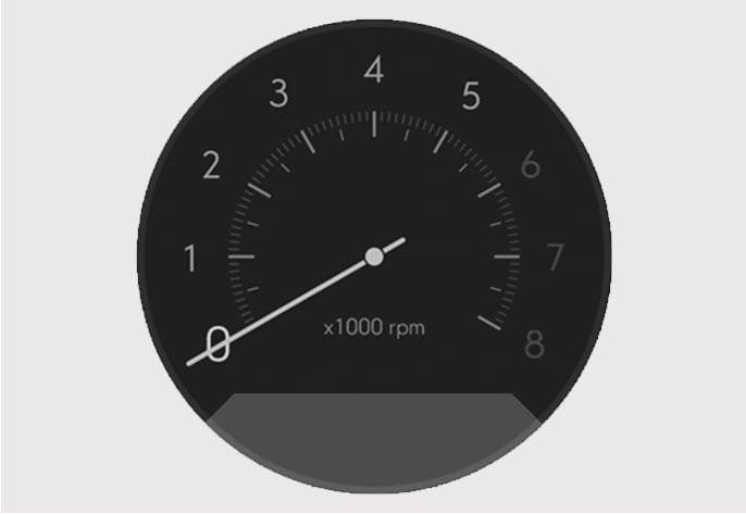 2025 Hyundai Tucson Tachometer Type B image. The circular gauge displays numbers from 0 to 8 with 'x1000 rpm' marked in the center. A needle indicates the current engine speed. It explains the function of showing the approximate number of engine revolutions per minute.