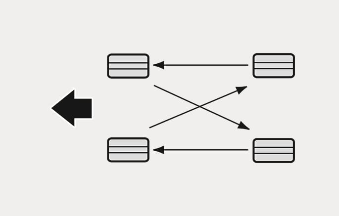 2025 Hyundai Tucson tire rotation pattern image. A large black arrow points left indicating the front. Arrows show the front tires moving straight to the rear and the rear tires crossing diagonally to the front. This illustrates the tire rotation method to equalize tread wear.