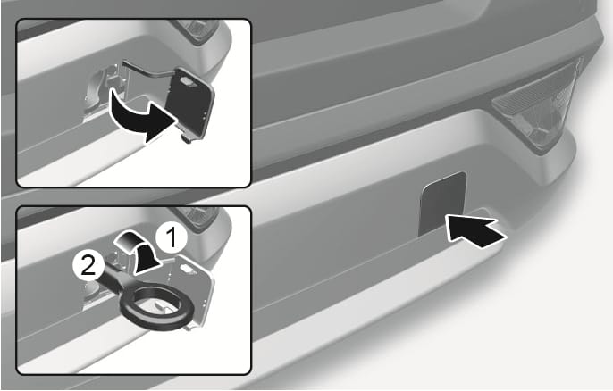 2025 Hyundai Tucson rear towing hook installation image. The top view shows the bumper cover being opened. The bottom view depicts the towing hook (2) being inserted into the hole behind the cover (1), with arrows indicating insertion and clockwise rotation. Explains the process of installing the rear towing hook.