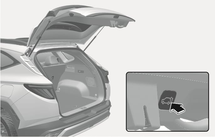 2025 Hyundai Tucson Power tailgate close button image. It displays the open tailgate and a close-up of the button on the inner trim, highlighted by a black arrow. The button features a car icon with an open trunk. Describes the function of pressing the button to close the tailgate.