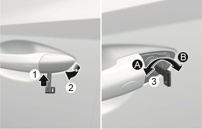 2025 Hyundai Tucson mechanical key usage image. On the left, an upward arrow shows pressing the button (1) and a curved arrow shows removing the cover (2). On the right, the key is inserted (3) with arrows A and B indicating rotation. Explains how to use the mechanical key to lock or unlock the door.