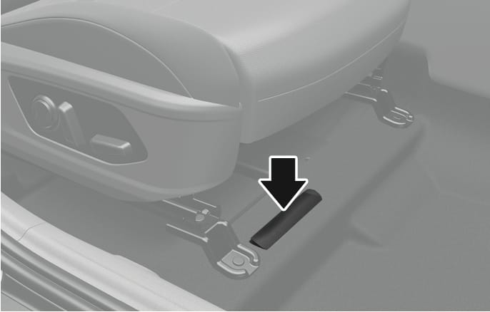 2025 Hyundai Tucson frame number location image. A black arrow points downward to a cover on the floor beneath the front right seat. Explains the location of the stamped vehicle identification number accessible by opening the cover.