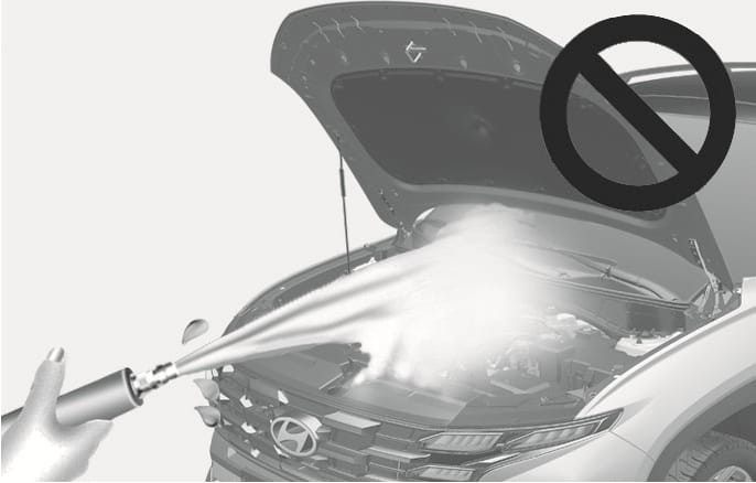 2025 Hyundai Tucson engine compartment washing caution image. A high-pressure water nozzle is shown spraying water directly into the open engine bay, overlaid with a large prohibition symbol in the upper right corner. Explains the prohibition of washing the engine compartment with high-pressure water to prevent electrical circuit failure.