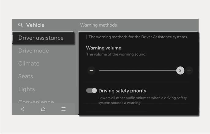 2025 Hyundai Tucson infotainment screen image. The screen displays the 'Warning methods' menu under 'Driver assistance', showing a 'Warning volume' slider and a 'Driving safety priority' toggle switch. Explains the function of setting warning volumes and audio priority for safety systems.