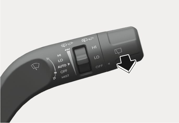 2025 Hyundai Tucson front windshield washer switch image. A black arrow indicates pulling the lever towards the driver. The lever displays HI, LO, AUTO, OFF, and MIST settings. Explains the function of pulling the lever to spray washer fluid on the windshield.