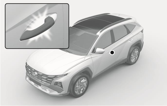 2025 Hyundai Tucson door handle light image. An inset shows the glowing door handle, and the main view marks its location on the driver's door. This explains the function of the light that activates when approaching or unlocking the vehicle.