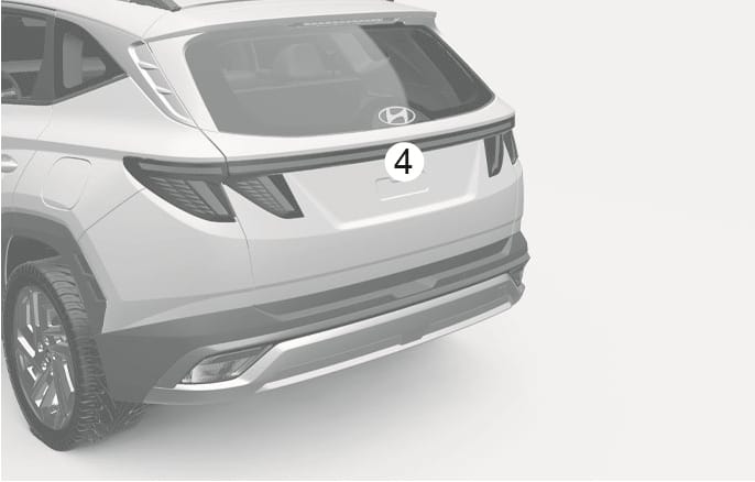 2025 Hyundai Tucson Wide-rear view camera image. A callout number (4) points to the camera lens located above the license plate on the vehicle's rear. Explains the location of the detecting sensor for the Surround View Monitor.