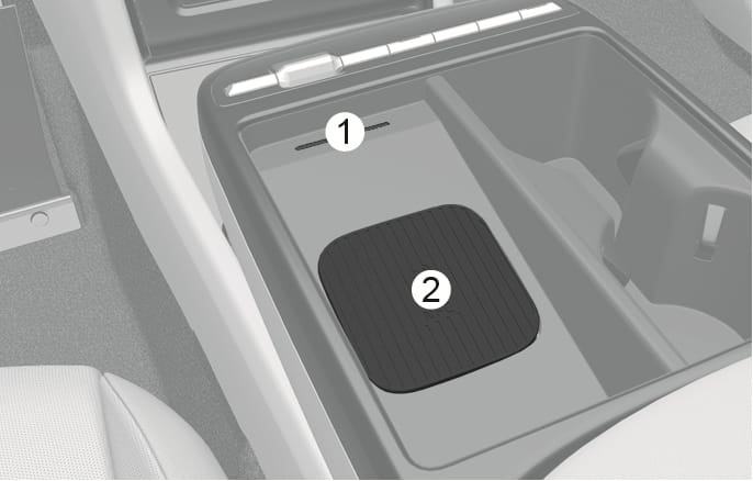 2025 Hyundai Tucson Wireless smart phone charging system Type A image. It displays the indicator light (1) positioned above the charging pad (2) marked with an NFC logo on the center console. This explains the layout of the components for the wireless charging function.