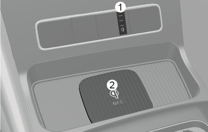 2025 Hyundai Tucson Wireless smart phone charging system Type B image. The image displays the indicator light (1) located above the pad and the charging pad (2) with a Qi symbol and NFC text in the center. Explains the function of wirelessly charging a smartphone by placing it on the pad.