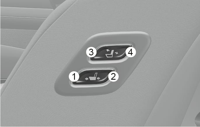 2025 Hyundai Tucson Passenger Seat Walk-in Device image. A close-up view shows two control switches on the side of the front passenger seat. The lower switch (1, 2) features a seat sliding icon with horizontal arrows, and the upper switch (3, 4) features a seatback reclining icon with arrows. Describes the function of adjusting the front passenger seat's forward and backward position and seatback angle.