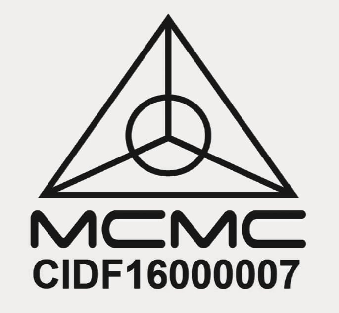 2025 Hyundai Tucson Front Radar certification label for Malaysia image. It displays the MCMC logo, a triangle containing a circle and lines, followed by the text 'MCMC' and the certification ID 'CIDF16000007'. This explains the radio frequency compliance certification for the Malaysian market.