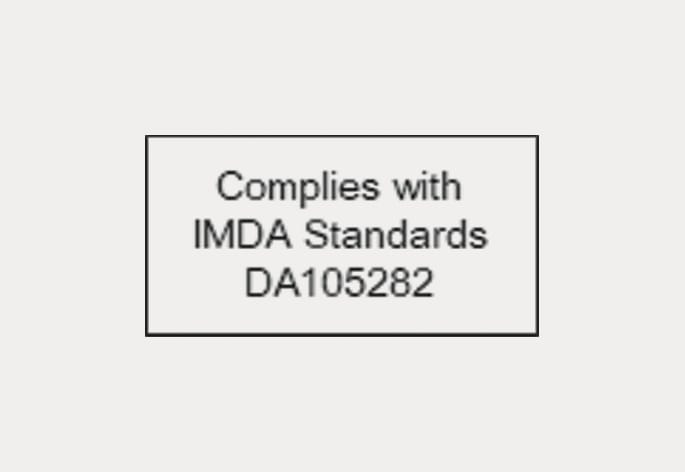 2025 Hyundai Tucson front radar certification label image for Singapore. The image displays a rectangular box containing the text 'Complies with IMDA Standards DA105282'. This describes the compliance of the radio frequency components with IMDA standards.