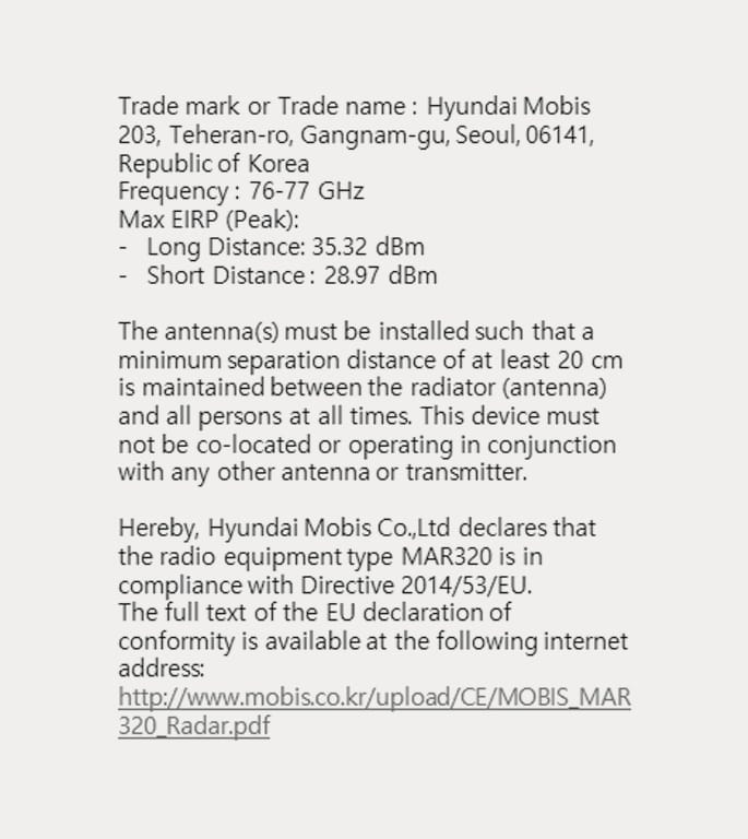2025 Hyundai Tucson Front radar declaration of conformity for Europe image. The text lists Hyundai Mobis as the manufacturer, specifies the frequency as 76-77 GHz, and mandates a minimum separation distance of 20 cm. It declares that the radio equipment type MAR320 complies with Directive 2014/53/EU. Explains the regulatory compliance and installation safety for the front radar system.