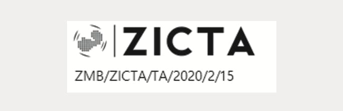 2025 Hyundai Tucson Front radar certification label for Zambia image. The image displays the ZICTA logo with a stylized icon and text, followed by the certification code 'ZMB/ZICTA/TA/2020/2/15' below. This indicates the radio frequency compliance for the front radar system in Zambia.