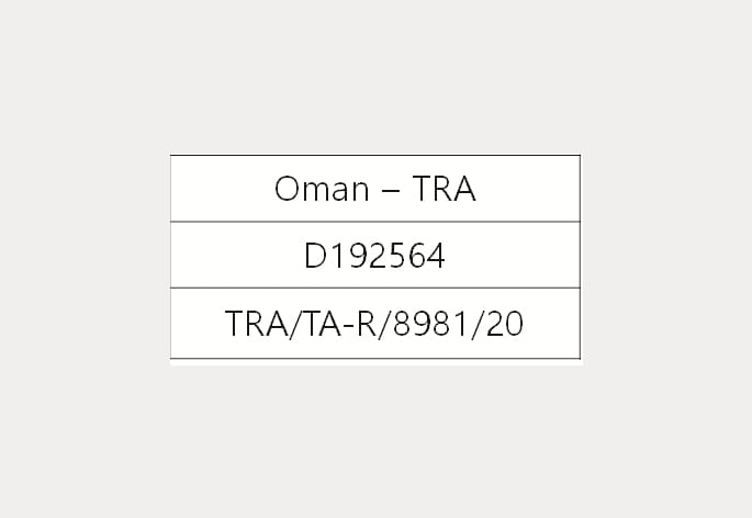 2025 Hyundai Tucson Front radar certification label for Oman image. The image displays a rectangular label containing the text 'Oman – TRA', 'D192564', and 'TRA/TA-R/8981/20' arranged in three rows. This indicates the radio frequency compliance for the front radar system in Oman.