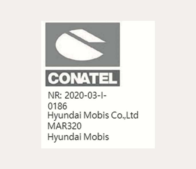 2025 Hyundai Tucson Front Radar certification label for Paraguay image. Displays the CONATEL logo, registration number 'NR: 2020-03-I-0186', manufacturer 'Hyundai Mobis Co.,Ltd', and model 'MAR320'. Explains the radio frequency compliance for the front radar.