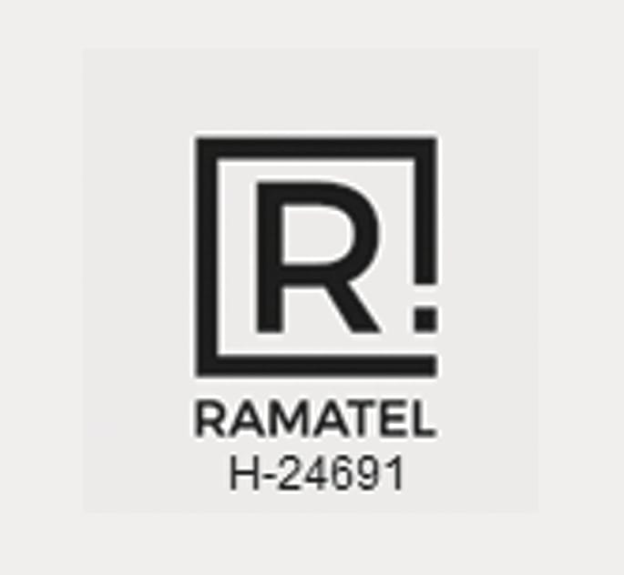 2025 Hyundai Tucson Argentina RAMATEL certification label image. The image displays the RAMATEL logo featuring a stylized letter 'R' inside a square frame, accompanied by the text 'RAMATEL' and the code 'H-24691' below. Explains the radio frequency compliance certification for the front radar system in Argentina.